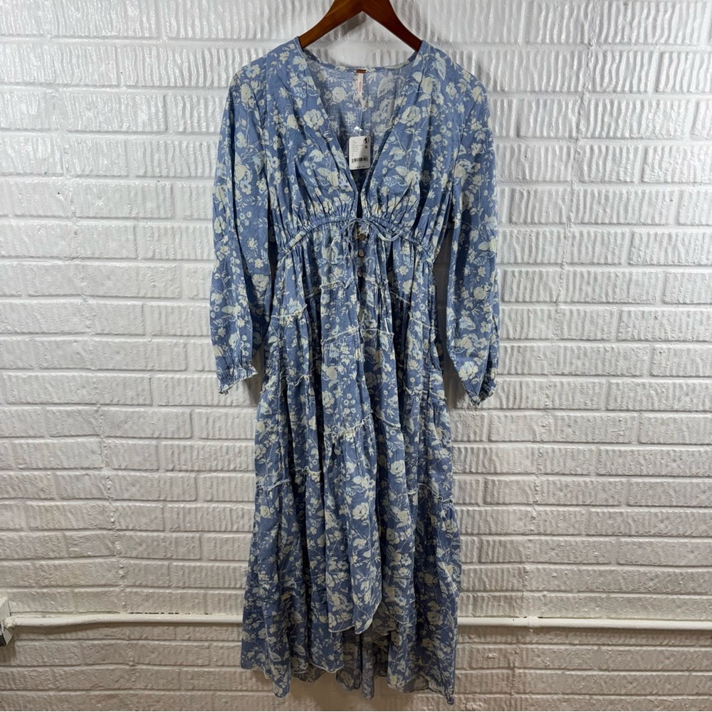 New Free  People Pappiet Blue Floral Midi Dress - Picture 2 of 5